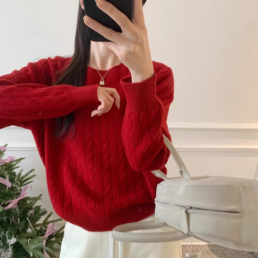 经典100绵羊毛麻花纹圆领套头毛衣女秋冬复古短款保暖针织衫上衣