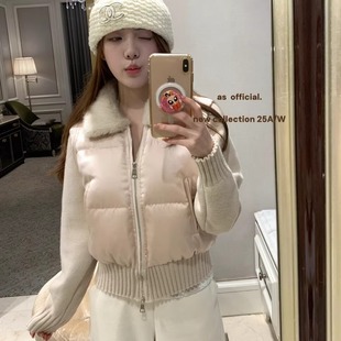 miu系毛毛翻领短款羽绒服女秋冬小个子精致针织拼接加厚保暖外套