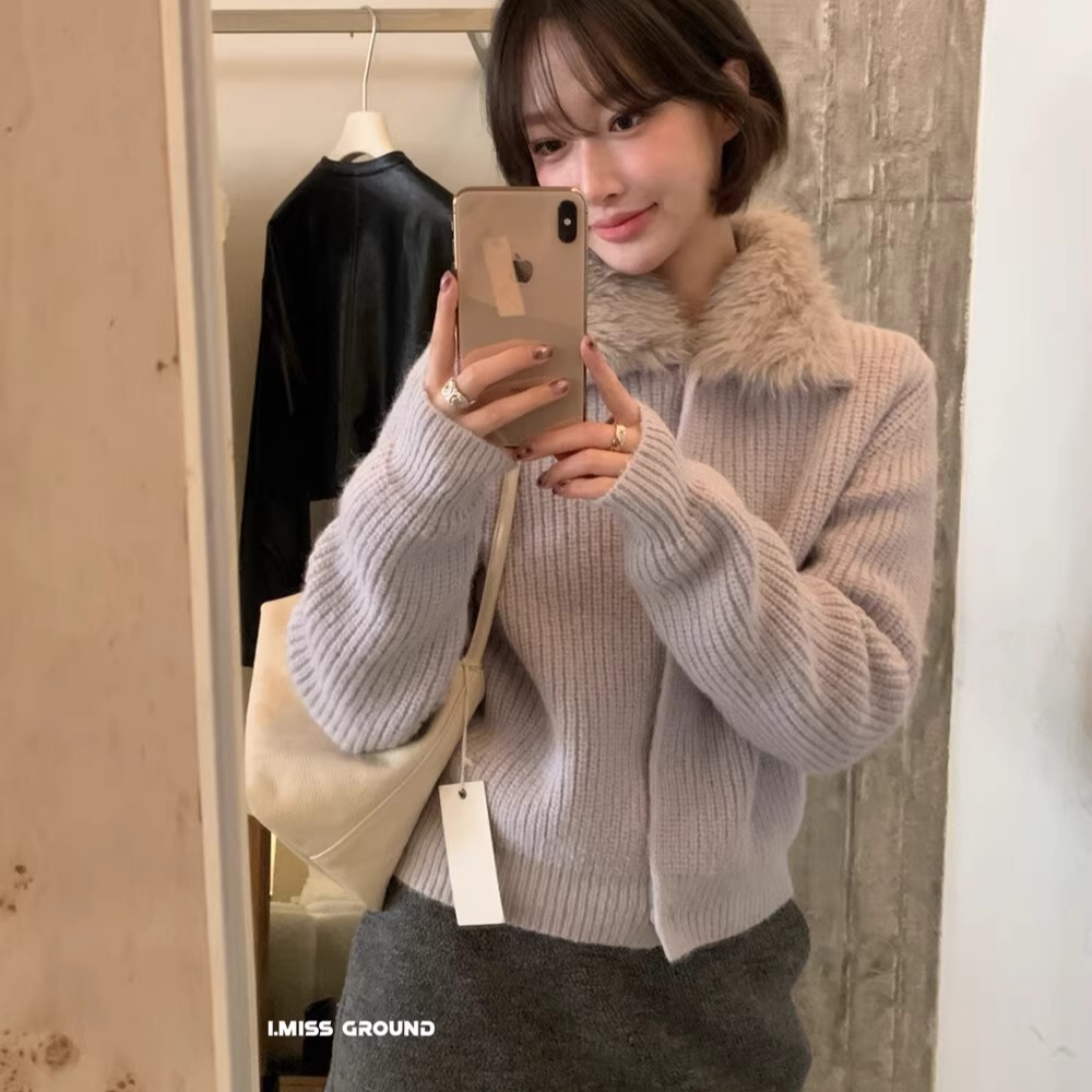 韩系复古毛毛翻领毛衣外套