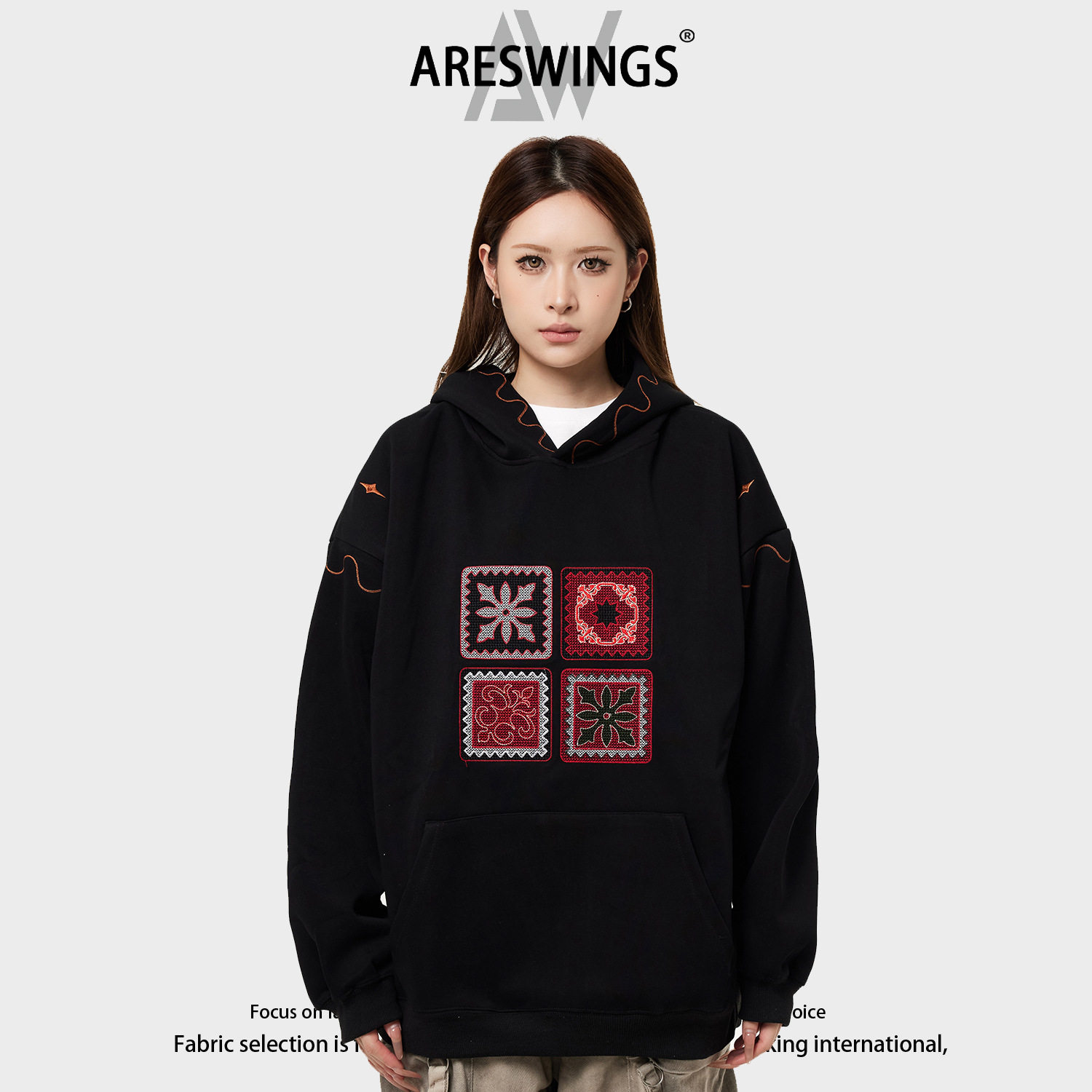 ARESWINGS美式复古名族风毛毡图案刺绣连帽卫衣男女休闲百搭上衣