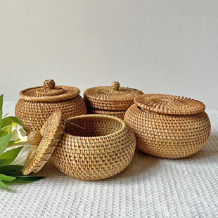 手工编织带盖藤编收纳盒秋藤茶叶罐零食收纳盒家用零食干果篮多用