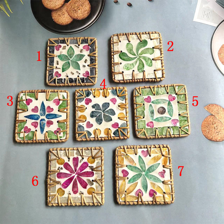 东南亚藤编彩色贝壳隔热桌面圆形家用桌垫茶杯防烫ins餐桌餐垫方