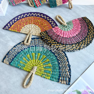 越南草编扇手工海草扇编织挂墙非洲元 饰扇夏天手摇扇子 素ins风装