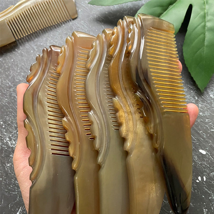 角尖浪花牛角梳带把长柄美发梳刮