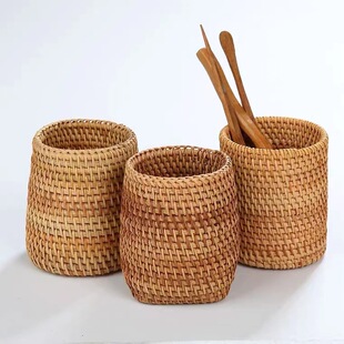 越南藤编笔筒摆件茶道六君子配件茶具零配文具化妆收纳筒