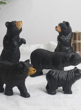 木质雕刻手工小熊背柴摆件木质手