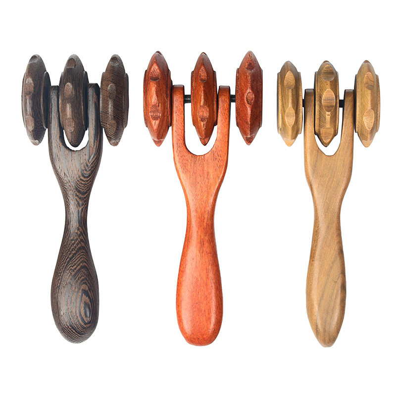 木制三轮按摩器红木手持腰腿部背部滚动滚轮式老人手动齿轮便携