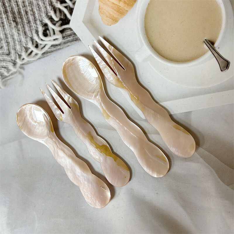 天然贝壳勺叶子柄连珠柄甜品点心餐具调羹调味小勺一体型自然创意