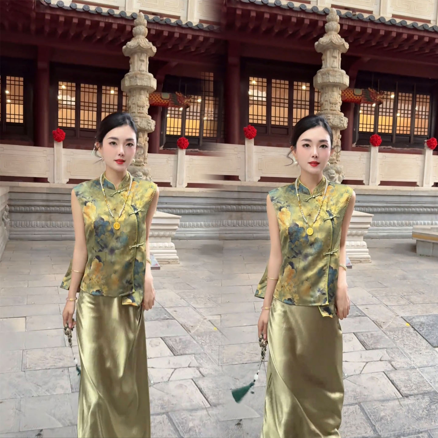 国风绿色印花马甲半身裙两件套