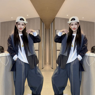 春季新款休闲宽松拼接两件套超酷个性高品质假两件外套哈伦裤套装