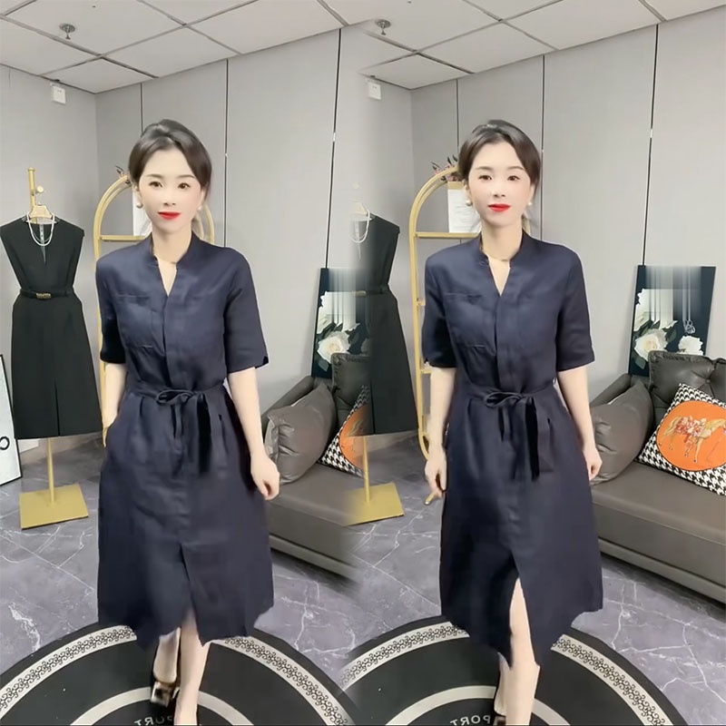 新款藏蓝色V领五分袖连衣裙女
