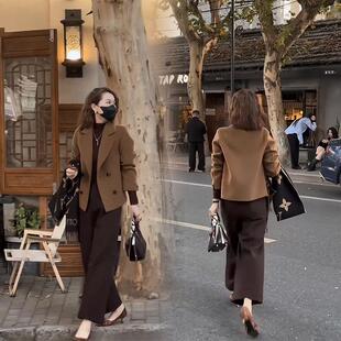 小西装外套女秋冬新款时尚气质宽松显瘦上衣阔腿裤两件套装文艺范
