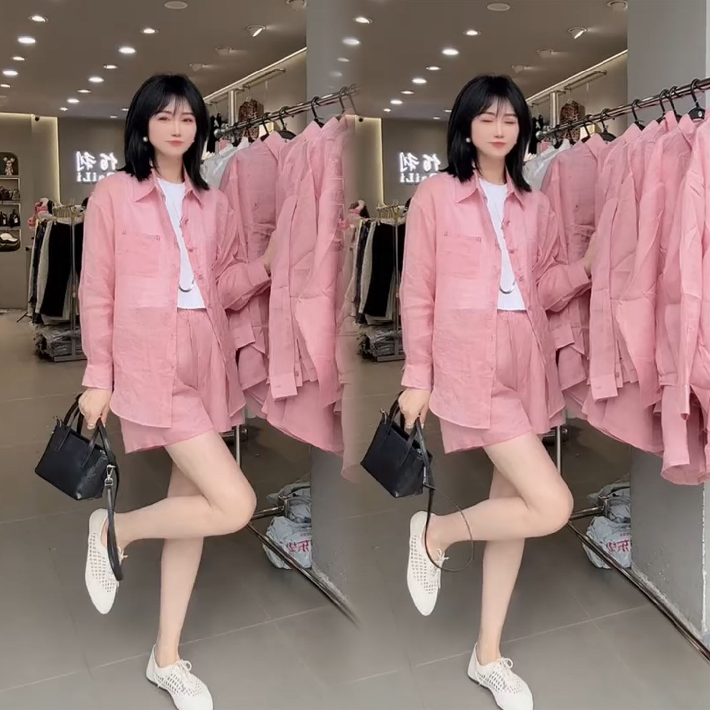 夏季新款时尚百搭粉色防晒套装女显瘦减龄长袖衬衫短裤两件套女潮
