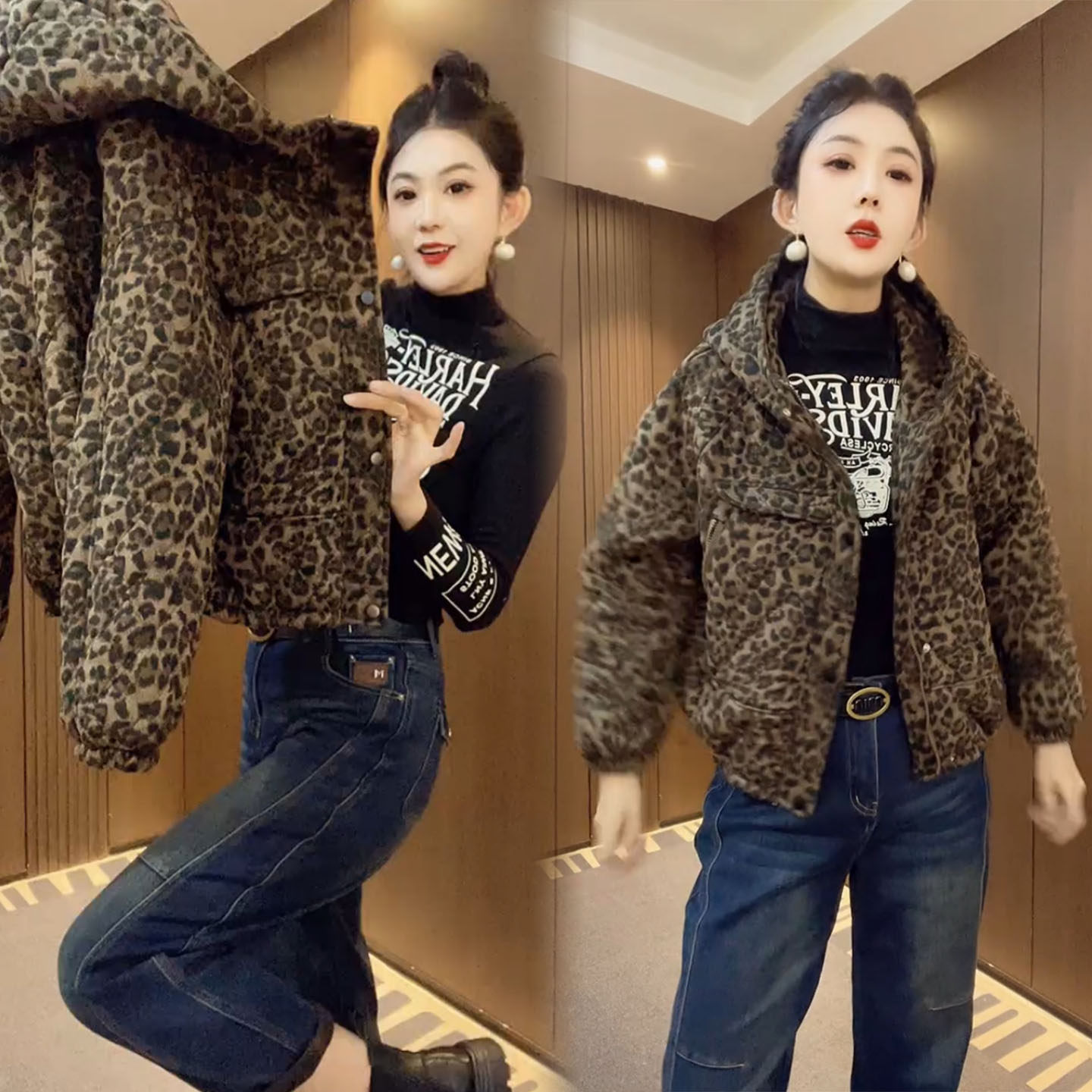 冬季新款百搭小个子保暖外套女网红爆款豹纹连帽加厚短款棉服女潮