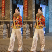 新中式 国风印花两件套女高级感时尚 毛领外套阔腿裤 2025冬季 套装 潮