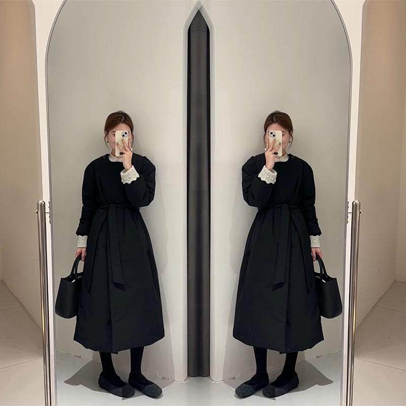 韩系夹棉风衣外套女秋冬2024新款系带收腰黑色棉服中长款加厚大衣图片