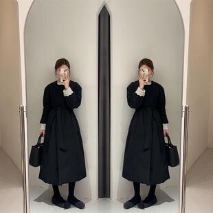 韩系夹棉风衣外套女秋冬2024新款系带收腰黑色棉服中长款加厚大衣