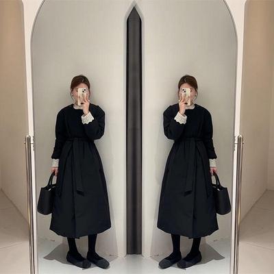 韩系夹棉风衣外套女秋冬2024新款系带收腰黑色棉服中长款加厚大衣