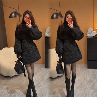 赫本风时尚针织披肩收腰棉服女冬季新款中长款加厚保暖黑色外套潮