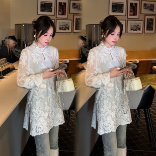 法式 气质精致打底衫 小众长袖 女秋冬立领中长款 潮 宽松蕾丝衬衫 新款