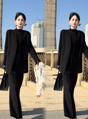 轻熟简约风气质时尚黑色两件套女秋冬季高级感通勤外套裤子套装潮