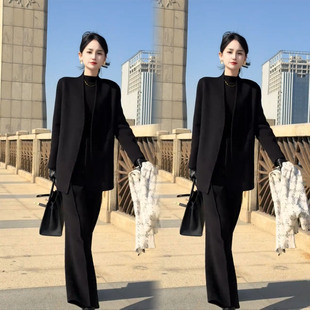 轻熟简约风气质时尚黑色两件套女秋冬季高级感通勤外套裤子套装潮