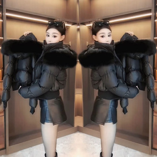 冬季收腰洋气大毛领短款棉服女高级感时尚百搭新款轻奢黑色棉袄潮