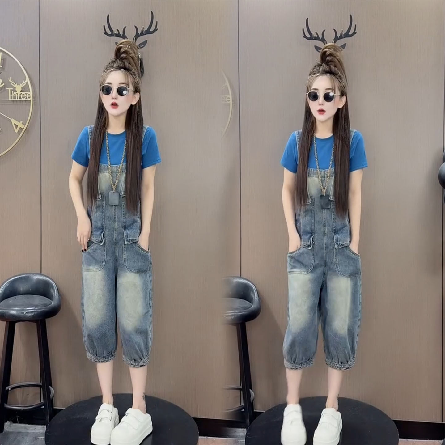 显瘦百搭时尚工装风束脚连体裤女夏季高级感简约高腰牛仔背带裤潮