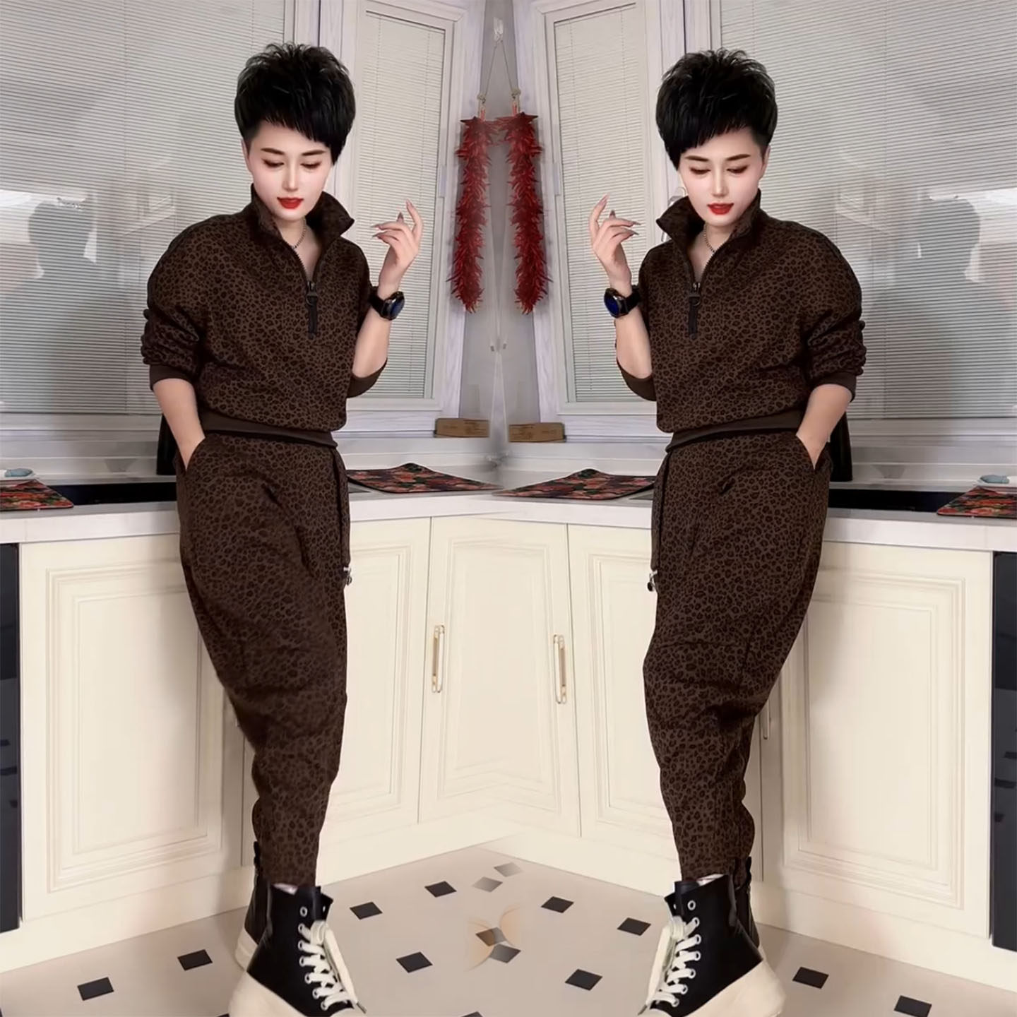 豹纹半拉链卫衣哈伦裤两件套女秋冬季新款简约百搭显瘦休闲套装潮,女装/女士精品,时尚套装,淘宝优惠券,粉丝福利购,淘宝优惠卷