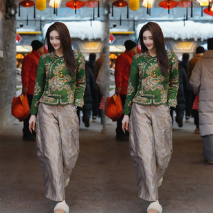 上衣女宽松国风绿色外套T恤 重工提花盘扣衬衫 2026春季 复古新中式