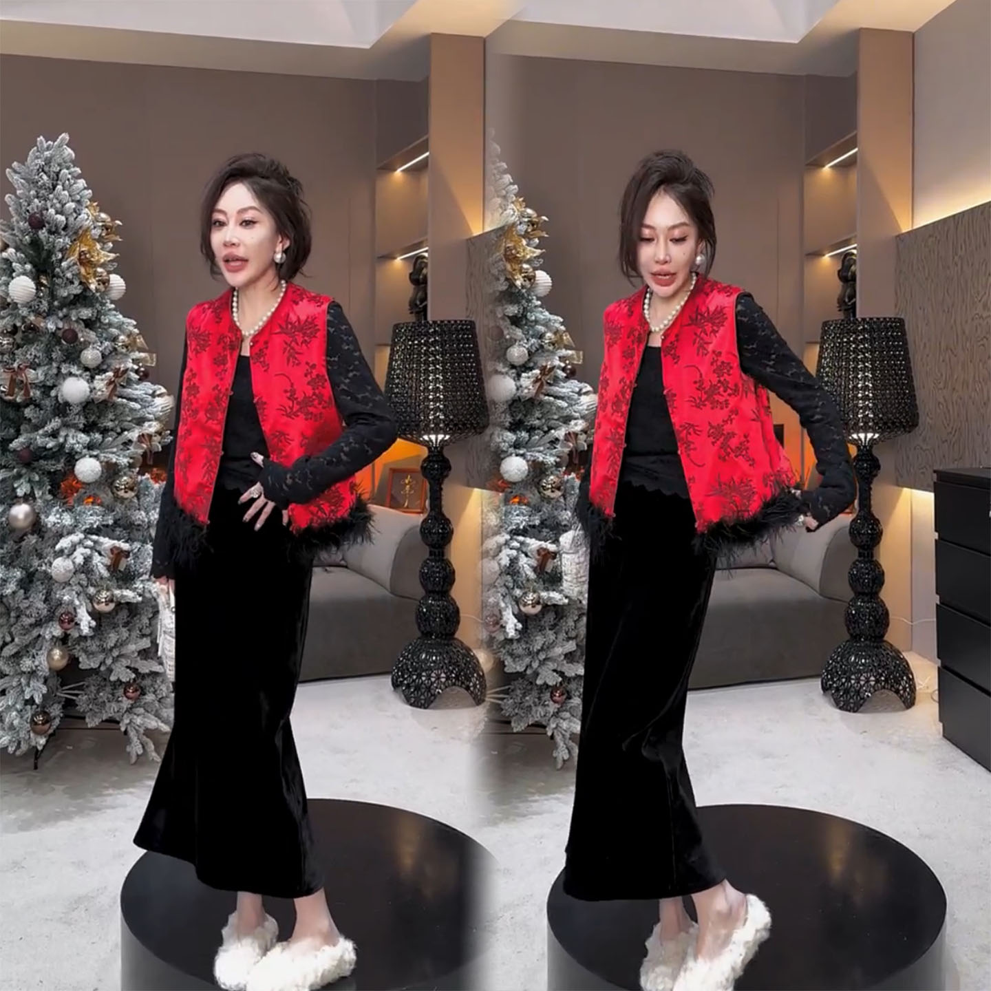 新中式红色马甲套装女冬季轻奢气质高级感马甲小衫半身裙三件套潮