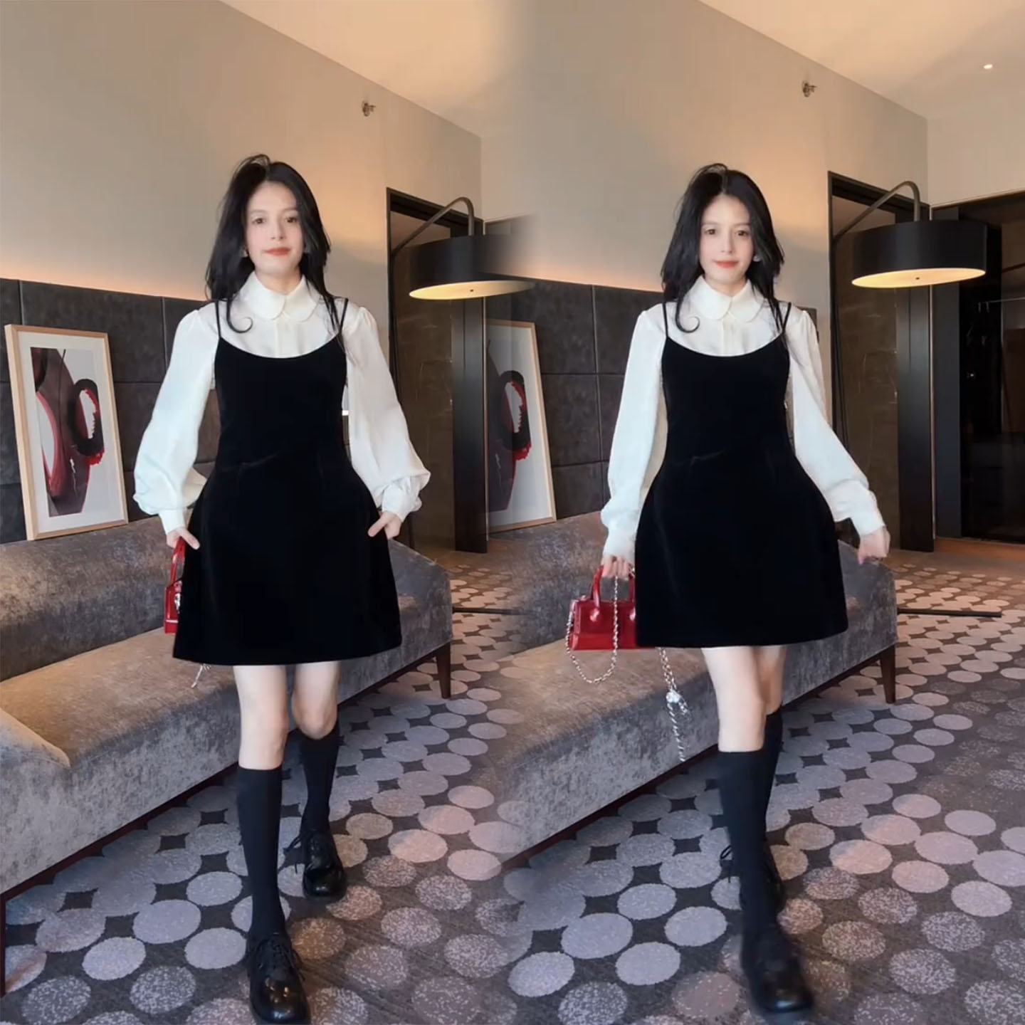 法式千金风衬衫吊带连衣裙两件套