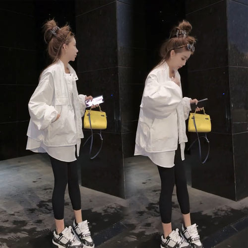 韩版时尚白色立领中长款外套女