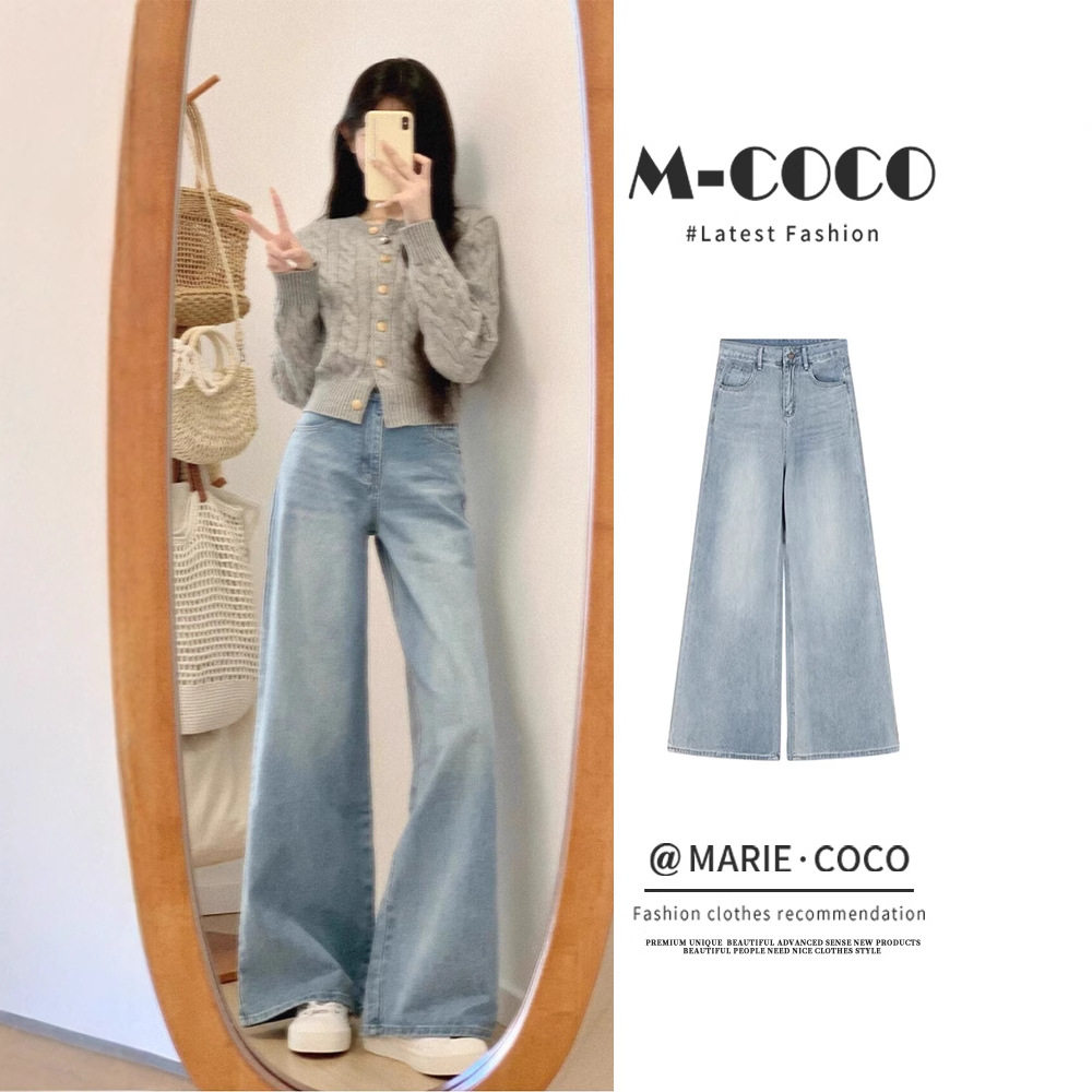 浅色不贴腿微喇a字牛仔裤胖mm梨形身材高腰显瘦直筒阔腿裤子春秋