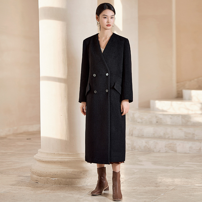 100秘鲁羊驼毛苏力羊绒大衣女式中长款V领秋冬高品质无领毛呢外套