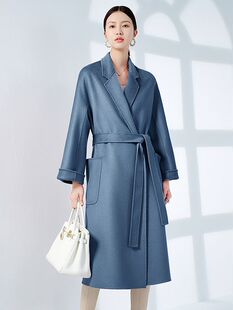100纯羊绒水波纹双面呢大衣系带labbro毛呢睡袍外套女装