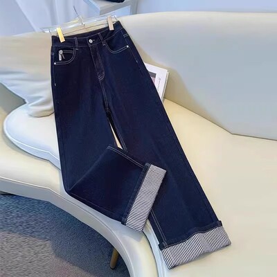 显瘦卷边窄版直筒阔腿裤