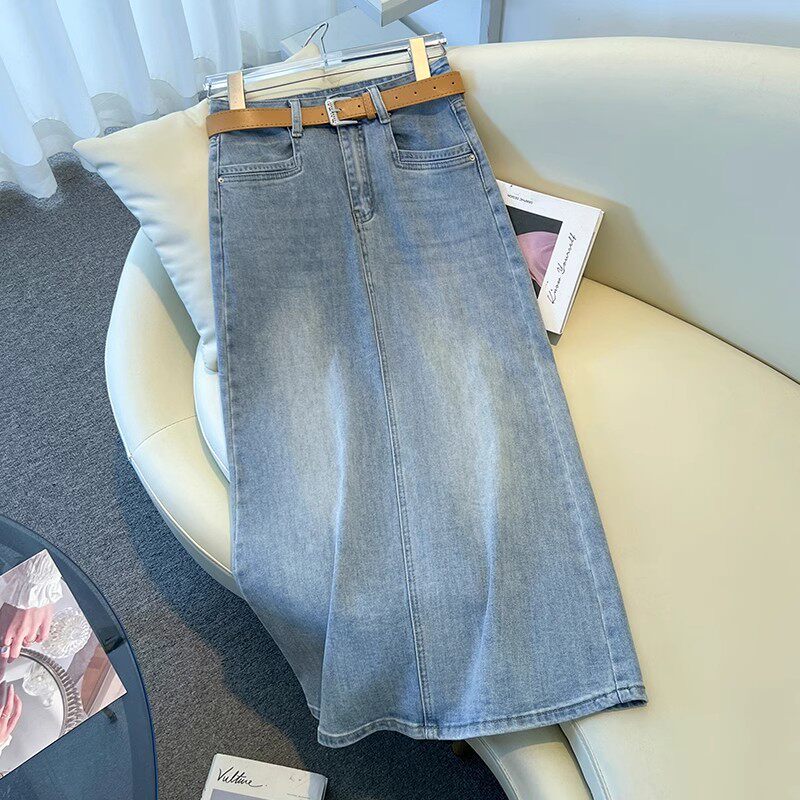 浅蓝色牛仔半身裙女夏季2025新款高腰显瘦包臀裙中长款a字直筒裙