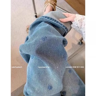 蓝色刺绣烫钻牛仔裤女春季新款大码高腰显瘦阔腿裤休闲百搭直筒裤