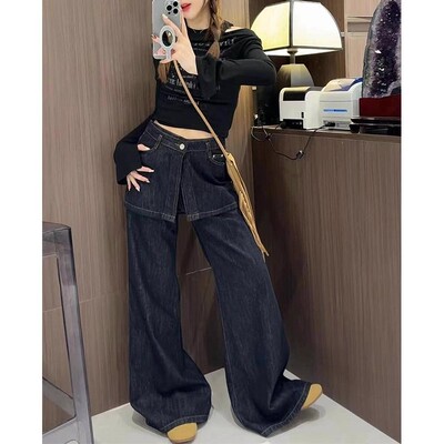 假两件拼接屁帘牛仔裤女春秋款设计感慵懒松弛感高腰微喇阔腿裤子