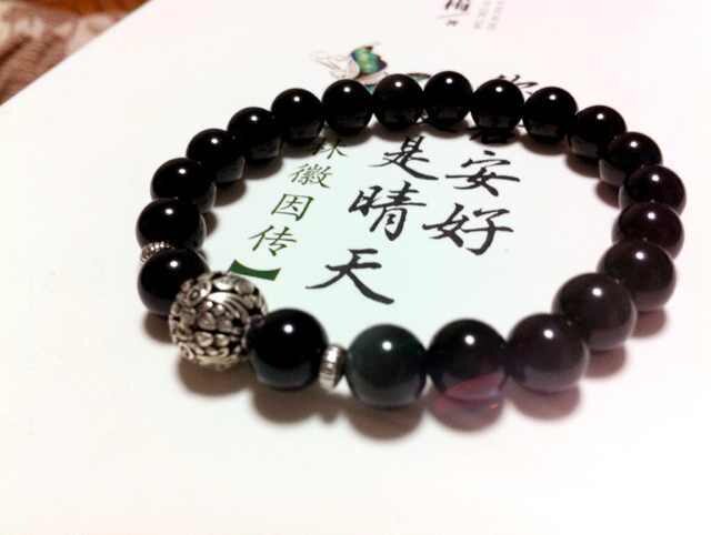 精品天然黑曜石水晶手链男女情侣款佛珠配饰银饰品七夕送礼手串