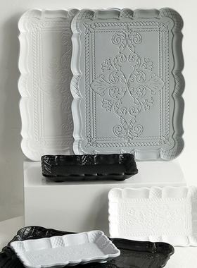 黑白灰色蛋糕托盘 方形提手出餐盘 甜品台点心面包盘 冷餐茶歇盘