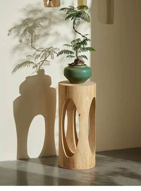 侘寂风实木镂空花盆架装饰摆件