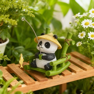 可爱熊猫钓鱼摆件树脂工艺桌面装 钥匙扣 饰办公区国潮风格