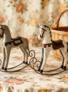 复古手绘木质摇马儿童房摆件