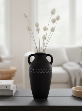 侘寂风手工黑陶瓷双耳花瓶摆件