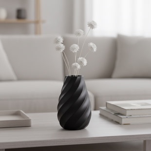 极简螺旋纹理陶瓷花瓶黑色客厅装饰摆件轻熟简约风