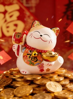 新中式陶瓷招财猫自动招手摆件