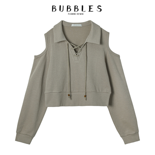 Bubbles休闲卫衣女2023秋季新款露肩抽绳简约连帽卫衣