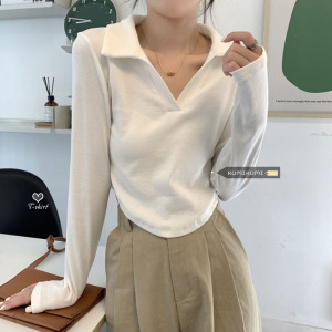 时尚新款百搭修身POLO领打底衫上衣秋季纯色短款不规则长袖T恤女